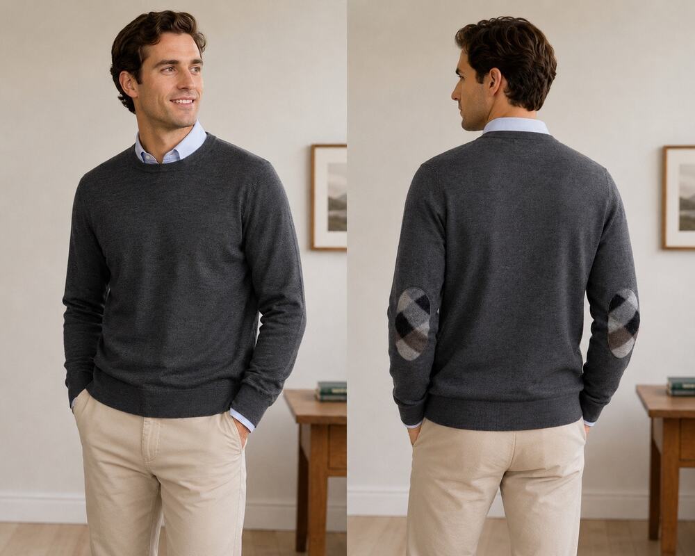 Burberry Brit Men’s Charcoal Gray Merino Wool Crewneck Sweater Plaid Elbow Patch